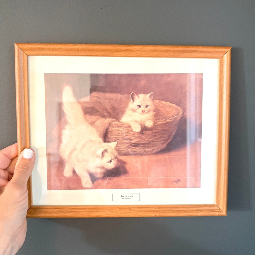 Arthur Heyer The Intruder Framed Art Print White Kittens Wood Frame 10.5x8.5